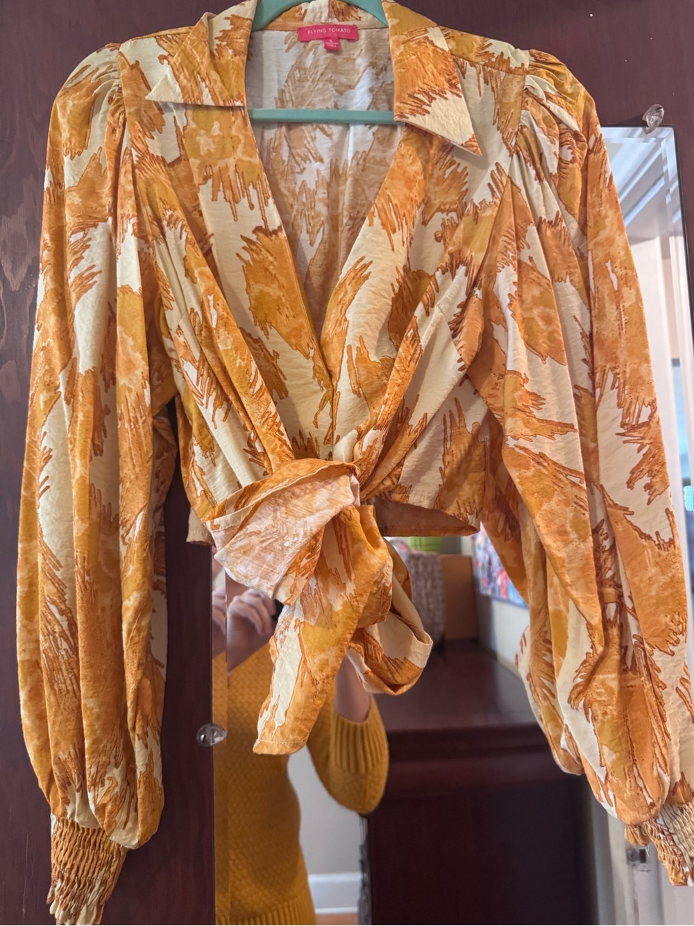 Tie-Front Long Sleeve Top - Mustard Cream Print